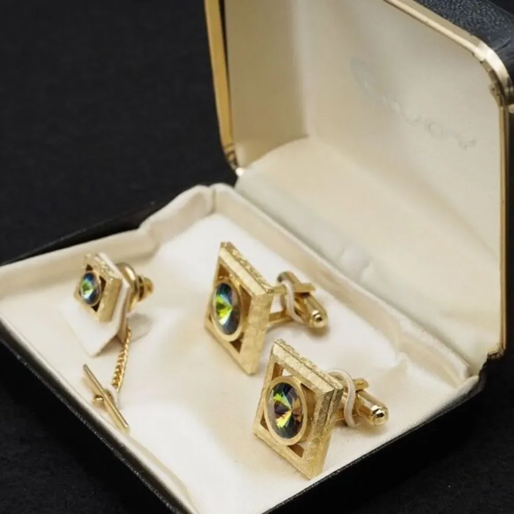 VTG 1960s Iridescent GP Cufflinks + Tie Tack Set Envoy